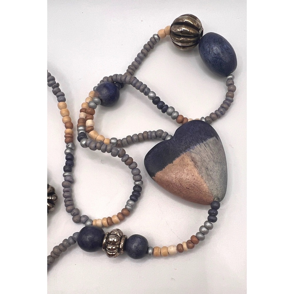 Boho Heart Pendant Necklace 32" Wood Beaded Long Statement‎ - Picture 5 of 8